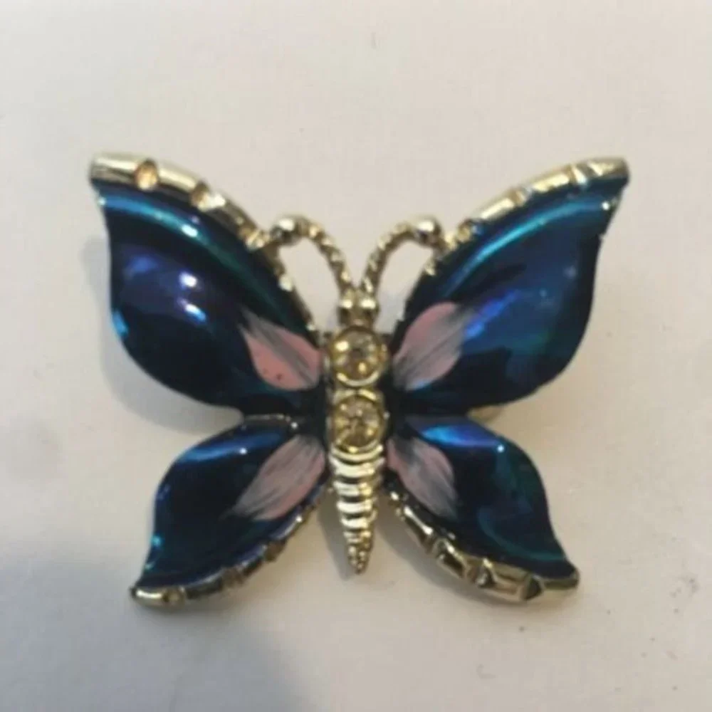 Beautiful BLUE BUTTERFLY BROOCH Lapel PIN Enamel ‎ Rhinestone Gold Tone Jewelry